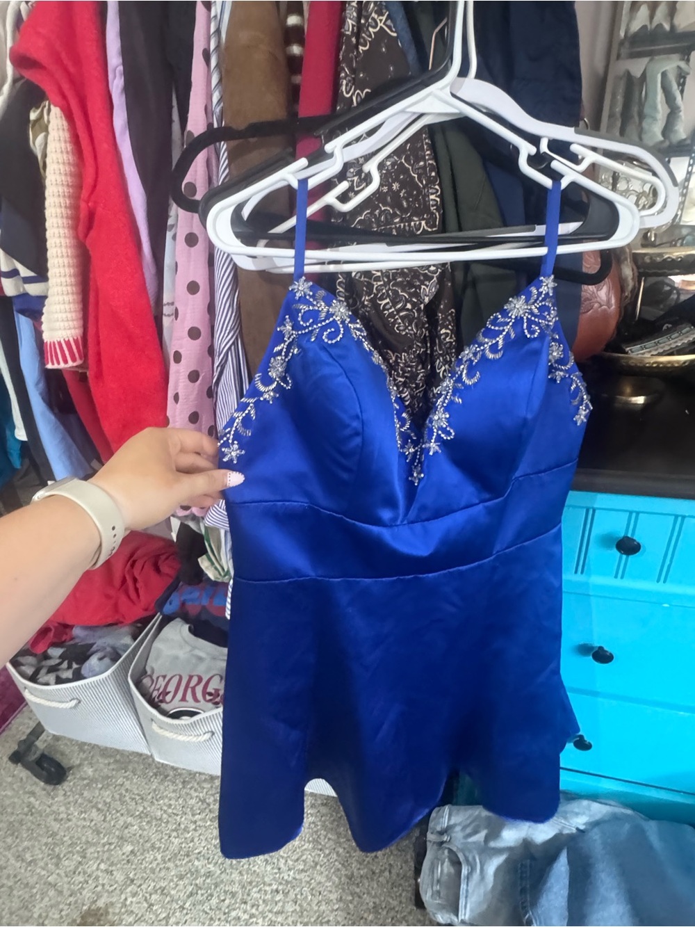 Elegant Beaded Royal Blue Spaghetti Strap Dress